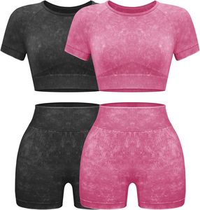 Ensemble d'entraînement 2 pièces côtelées sans couture pour femmes haut court à manches courtes Short de yoga taille haute en coton pour la salle de sport de tous les jours - Product Image 2