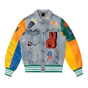 แจ็กเก็ตเลตเตอร์แมนของผู้ชายเสื้อคลุมเบสบอลผ้ายีนส์แขนยาวคอตั้งขนาดพิเศษงานตามสั่ง - Product Image 5