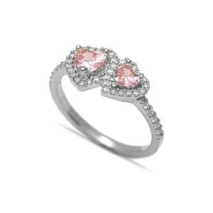 Anillo de Plata de Ley 925 Hecho a Mano en Turquía con Dos Corazones Rosados y Circonitas Transparentes - Product Image 2