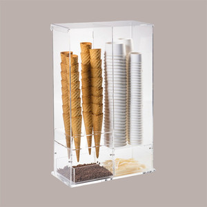 Support de présentation moderne et simple en plastique transparent pour cornets, tasses, cuillères, lingettes, 37x18h58 cm, pliable, rotatif, épaisseur 4 mm - Product Image 1