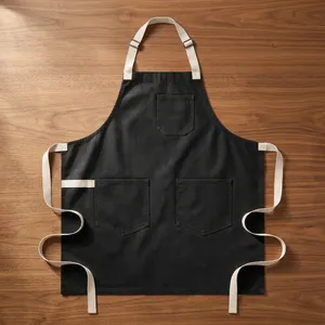 Tablier en toile noir réglable à la taille, style classique, robuste, réutilisable, pour la cuisine avec poches, usage quotidien - Product Image 1