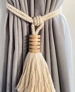 Atador de Cortinas con Borlas de Algodón y Madera de Mango, Atador de Cortinas Estilo Costero, Atador de Cortinas de Madera y Algodón - Product Image 1