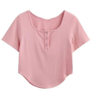 Pull à manches courtes, boutonné, couleur unie, personnalisable, décontracté, confortable, printemps-été, haut court pour femme, nouveau design 2026 - Product Image 1