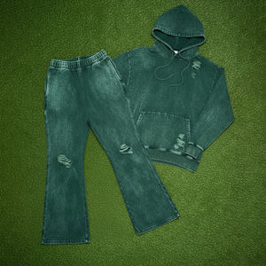 OEM/ODM pantalon de survêtement et sweat à capuche avec fermeture éclair délavée à l'acide 100% coton coupe ample survêtement avec logo brodé personnalisé - Product Image 3