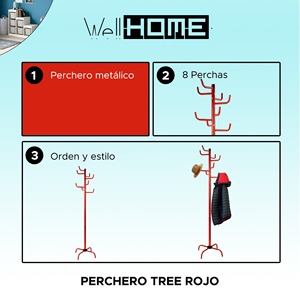WELL HOME Perchero de metal rojo con forma de árbol y 8 ganchos 50x50x183 cm - Product Image 2