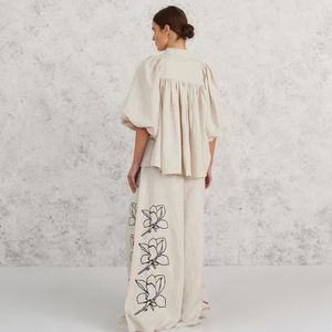 100% coton solide Coord ensemble tenue quotidienne haut à licou avec bouton broderie respirant écologique femmes - Product Image 3