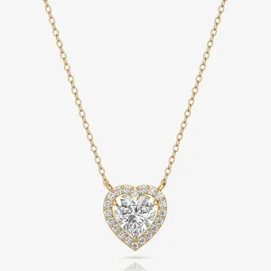 Luxury Simulated Zircon Natural Diamond Studded Heart Shaped Gold Plated 925 Sterling Silver Party Pendant Necklace For Women