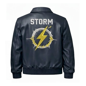 Navy Custom Leather Canvas Winter Racing Jacket Storm Embroidery Biker Bomber <b>Hip</b> Hop Streetwear Men's <b>Padded</b> Letterman - Product Image 3