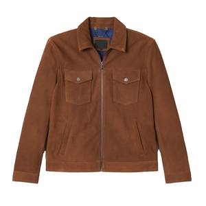 <b>Men's</b> <b>Brown</b> <b>Suede</b> Zipper <b>Jacket</b> Casual Turn-down Collar Pockets Regular Fit Autumn Wear - Product Image 1