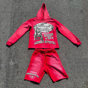 Ensemble pulls à capuche et shorts à logo personnalisé Streetwear Survêtement à capuche sérigraphie Vintage délavé à l'acide survêtement pour hommes - Product Image 4