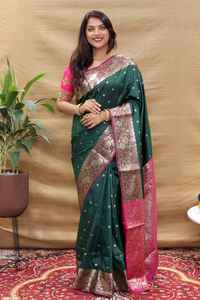 Saree à tisser en soie douce pure avec bordure de contraste de travail en fil d'or pur avec chemisier en brocart Saree de fête traditionnelle - Product Image 6