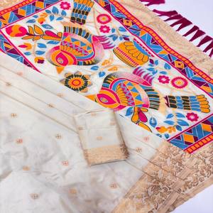 Sari en soie douce VASTRA COTTAGE, or zari, motif floral Meenakari, bordure fantaisie Sparrow Pall, qualité originale avec blouse assortie - Product Image 6