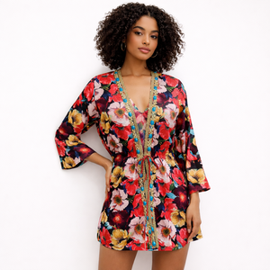 Robe décontractée lavable mi-longue pour femme avec pierres bleues et perles dorées - Product Image 2