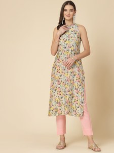 Kurta sin mangas con cuello redondo y estampado floral para mujer, de poliéster, corte recto, largo hasta la rodilla, estilo casual y elegante, la más vendida. - Product Image 4