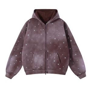 Sudadera con capucha de algodón French Terry negra, extragrande, con diseño de pedrería desgastada, bordada, con lavado ácido, estilo crop, para invierno - Product Image 6