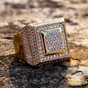 Anillo de oro auténtico con diseño cuadrado de 20 MM para hombre, sortija con diamantes de imitación, estilo Hip Hop, regalo de joyería - Product Image 1