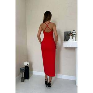 Abito midi <span class=keywords><strong>rosso</strong></span> senza schienale con vita naturale in tessuto - Product Image 5