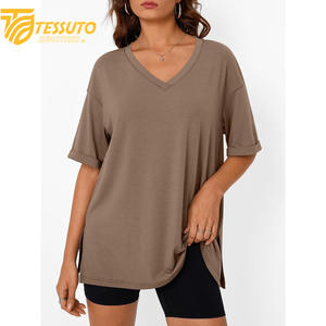 Camiseta básica de gran tamaño con logotipo estampado personalizado de peso pesado, camiseta de talla grande de alta calidad a la moda para mujer, Camiseta 100% de algodón con cuello en V - Product Image 5