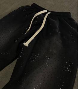 Pantalones Deportivos de Hombre Personalizados, Negros, Lavado Ácido, Estampado de Diamantes, con Pedrería, 100% Algodón, Estilo Hip Hop, Anchos, Holgados, Lavado a Máquina - Product Image 5