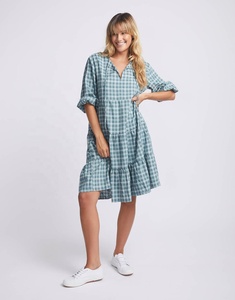 2026 Stylish Boho-inspired <b>A</b>-<b>line</b> Silhouette V-neck Plaid <b>Pattern</b> Knee-length Blouse Featuring Curved Front Yoke Soft Gathering - Product Image 3