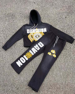 Survêtements de jogging de haute qualité pour adultes, en molleton lourd, imprimé à l'écran, effet délavé, coupe régulière, sweat-shirts à capuche, pantalons de survêtement évasés - Product Image 4