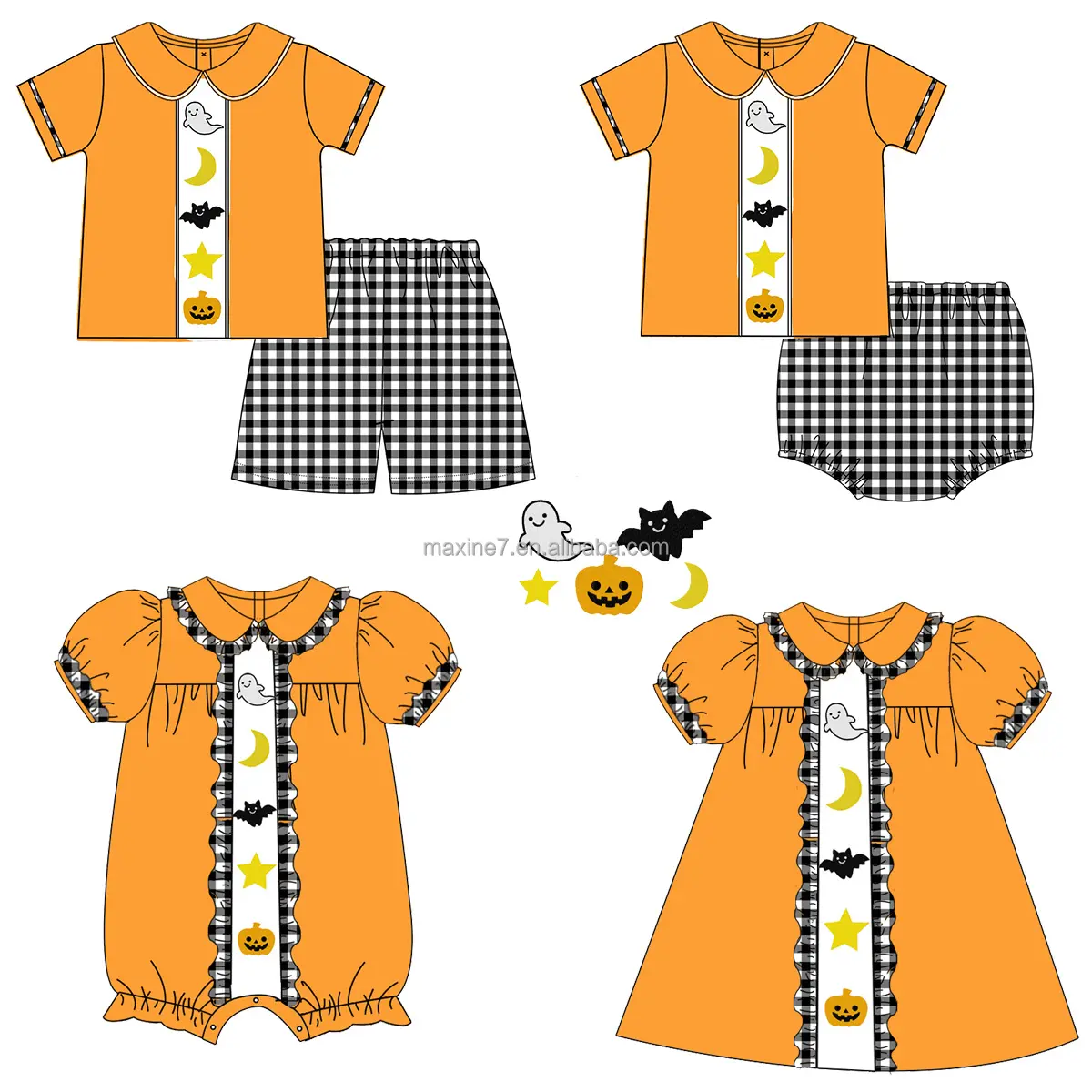 新着ハロウィン子供服カボチャ刺繍ドレスブティックパフ袖フリル幼児女の子ドレス