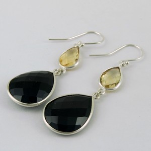 Boucles d'oreilles manchette bohèmes en argent sterling 925 avec citrine jaune et onyx noir, forme fantaisie, bijoux indiens du Rajasthan pour la nuit d'été - Product Image 4