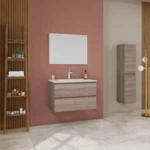 Meuble-lavabo mural de salle de bain de 80 cm avec deux tiroirs en chêne naturel du Belize - Product Image 1