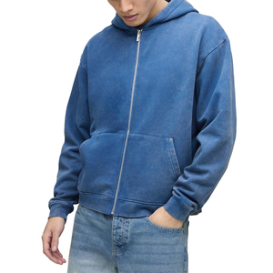 Sweat à capuche personnalisé 100 % coton avec fermeture éclair en laiton, polaire coupe-vent respirant, pour homme, petite taille, hiver-automne, bleu uni, vente en gros - Product Image 1