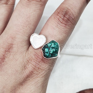 Joyería de piedra en bruto, anillo de mujer, turquesa Natural piedra preciosa, piedra natal de diciembre, anillo ajustable con corazón, anillo de Plata de Ley 925 - Product Image 4