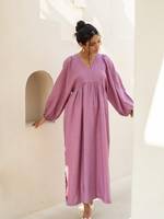 Robe midi oversize bohème 100 % coton à col en V, taille ample, manches bouffantes, motif uni, écologique, lavable, respirante, teinte unie