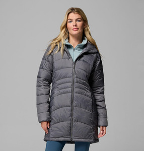 Chaqueta Acolchada Larga de Invierno para Mujer con Cierre Frontal, Cuello Alto y Logotipo Frontal, Nueva Llegada, Color Gris, Hecha en Pakistán - Product Image 1