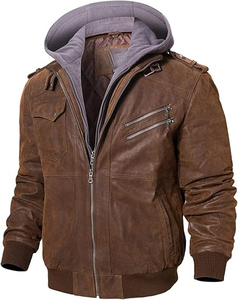 Veste Homme Classique Marron en Toile Faux Cuir Design Slim Fit avec Capuche Épaule Matelassée Col Montant Fermeture Éclair sur le devant - Product Image 4