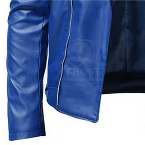 Blue PU <b>Leather</b> Biker <b>Jacket</b> Men Zipper Motorbike <b>Jacket</b> Stand Collar <b>Long</b> Sleeve Casual Winter Outerwear - Product Image 6