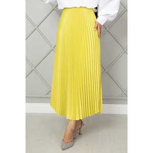 <b>Elastic</b> Waist Midi <b>Skirt</b> Fluorescent Yellow Satin and Spandex Breathable Soft with Pleats Digital Printed Plain Sweet Style - Product Image 4