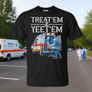 Maglietta divertente per adulti con scheletro in ambulanza, ideale per promozioni: 'Trattali e scacciali' - Product Image 3