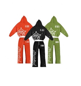 Survêtements 2 pièces en coton pour hommes, personnalisés de luxe, sweats à capuche surdimensionnés à fermeture éclair avec pantalon évasé Style décontracté pour l'hiver prix de gros - Product Image 1