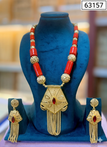 Ensemble de collier pendentif de luxe en alliage de perles blanches et rouges, chaîne plaquée or, boucles d'oreilles assorties pour mariage, fête, fiançailles 63153 - Product Image 5