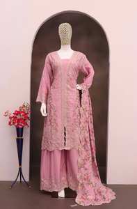 Nuevo diseñador Top de fiesta de seda Palazzo & Dupatta Set Fox Georgette Trabajo con menos longitud de trabajo 40 Mangas de cuello redondo TELA DE PALLAZO - Product Image 3