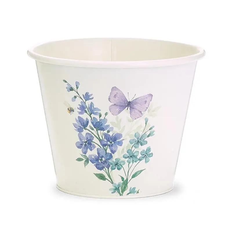 Plantador redondo com adesivos de flores vintage esmaltado, tampa de pote de lata multicolorida com flores em tons de roxo com borboleta e abelha
