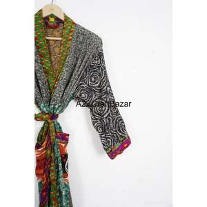 Handmade Women's <b>Silk</b> Sari <b>Kimono</b> Robe V-Neck Drawstring Casual Spring Full-Length Patchwork Design Breathable Soft Luxury - Product Image 3