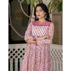 White Pink Jaal Cotton <b>Block</b> <b>Printed</b> Anarkali Dress for Girls Pakistani & Indian Style Ethnic Wear Salwar Kameez for Parties - Product Image 1