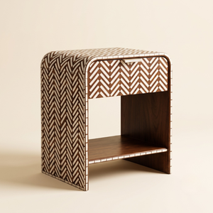Mesita de noche artesanal de madera maciza con incrustaciones de hueso y 1 cajón de almacenamiento, ideal para dormitorios, hoteles y apartamentos. - Product Image 1