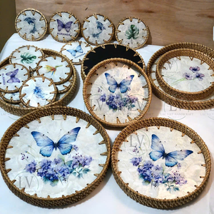 Handwoven Rattan Tray with Mother of Pearl Inlay Natural Woven <b>Butterfly</b> Serving Tray for Home Decor <b>Tea</b> Coffee Table Display - Product Image 4