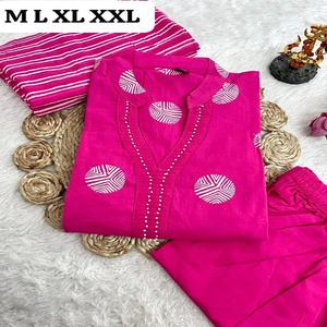 Traditional Heavy Cotton Hand Worked Fancy Design Work <b>Kurti</b> with Dupatta Set for Women Beautiful Neck in Stock Made in India - Product Image 1