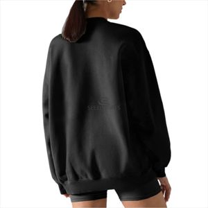 Women's Oversized Crew Neck Sweatshirt Solid <b>Black</b> Drop Shoulder Long Sleeve 100% Cotton Knitted Breathable Autumn Wear - Product Image 2