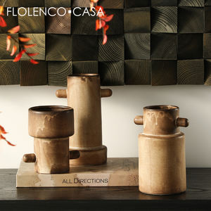 FLOLENCO CASA Wabi-sabiダブルネイルセラミック花瓶インテリアセラミックボトル高い花花瓶装飾卓上花瓶 - Product Image 1