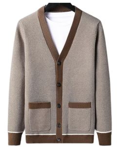 Beige Brown Contrast Trim V Neck Knitted Cardigan Sweater With Button Closure Cotton Soft Warm Fabric For Daily Casual Wear - Product Image 1