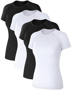 Paquete de 4 Camisetas de Compresión para Mujer, Manga Corta, Transpirables, para Entrenamiento, Running, Yoga, Cuello Redondo, Logotipo Frontal, Ropa Deportiva para Gimnasio - Product Image 1