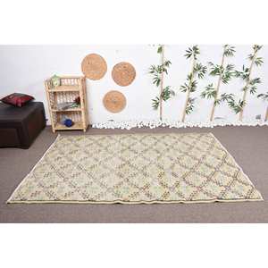 Classic Vintage <b>Turkish</b> <b>Rug</b> Yellow Blue Floral Large Area 4.8 X 7.5 ft Wool Latex for Living Room Hallway Contemporary Style - Product Image 1